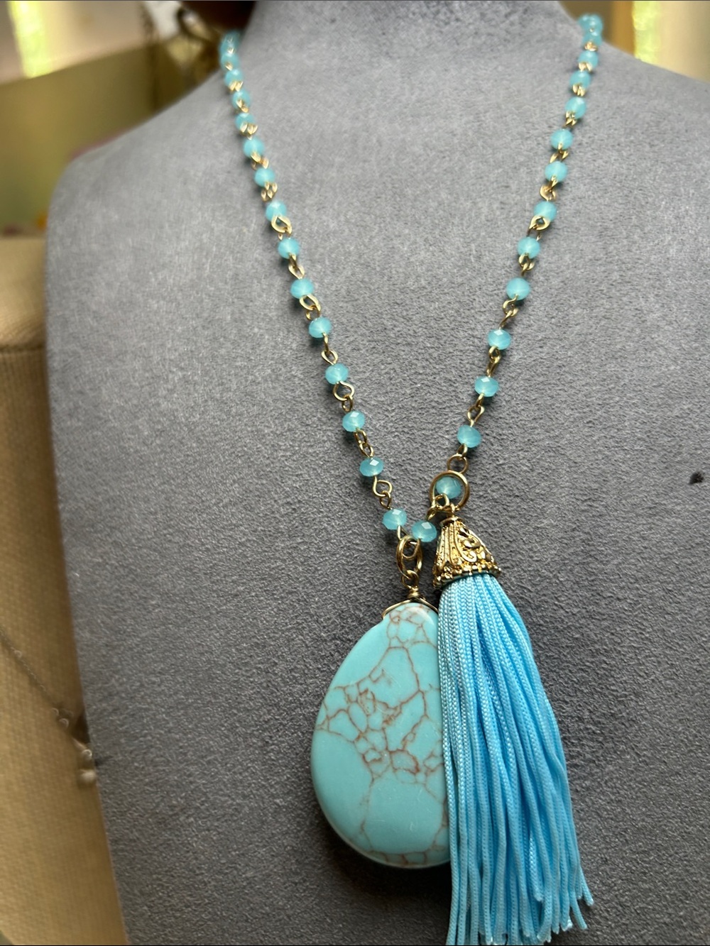 Turquoise Teardrop Pendant Necklace with Tassel - Women Jewelry